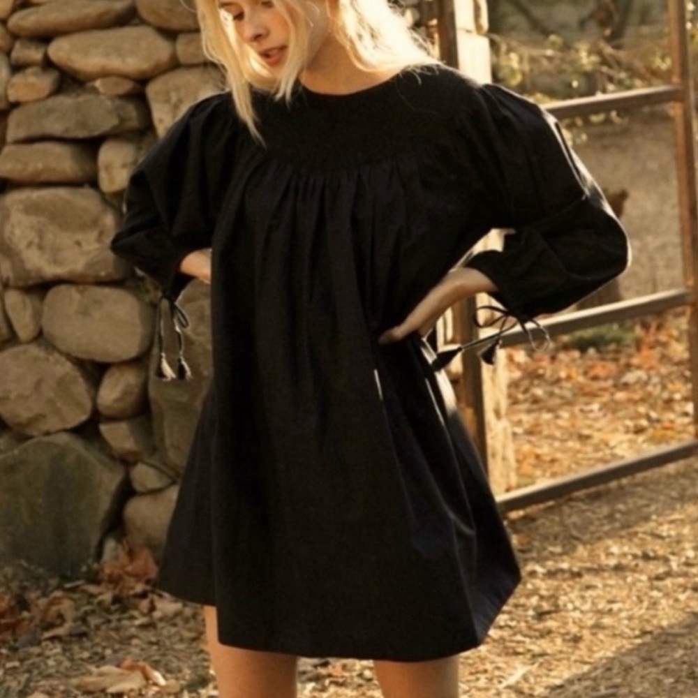 Doên Theda Long Sleeve Mini Dress Black Smocked Yoke Size M